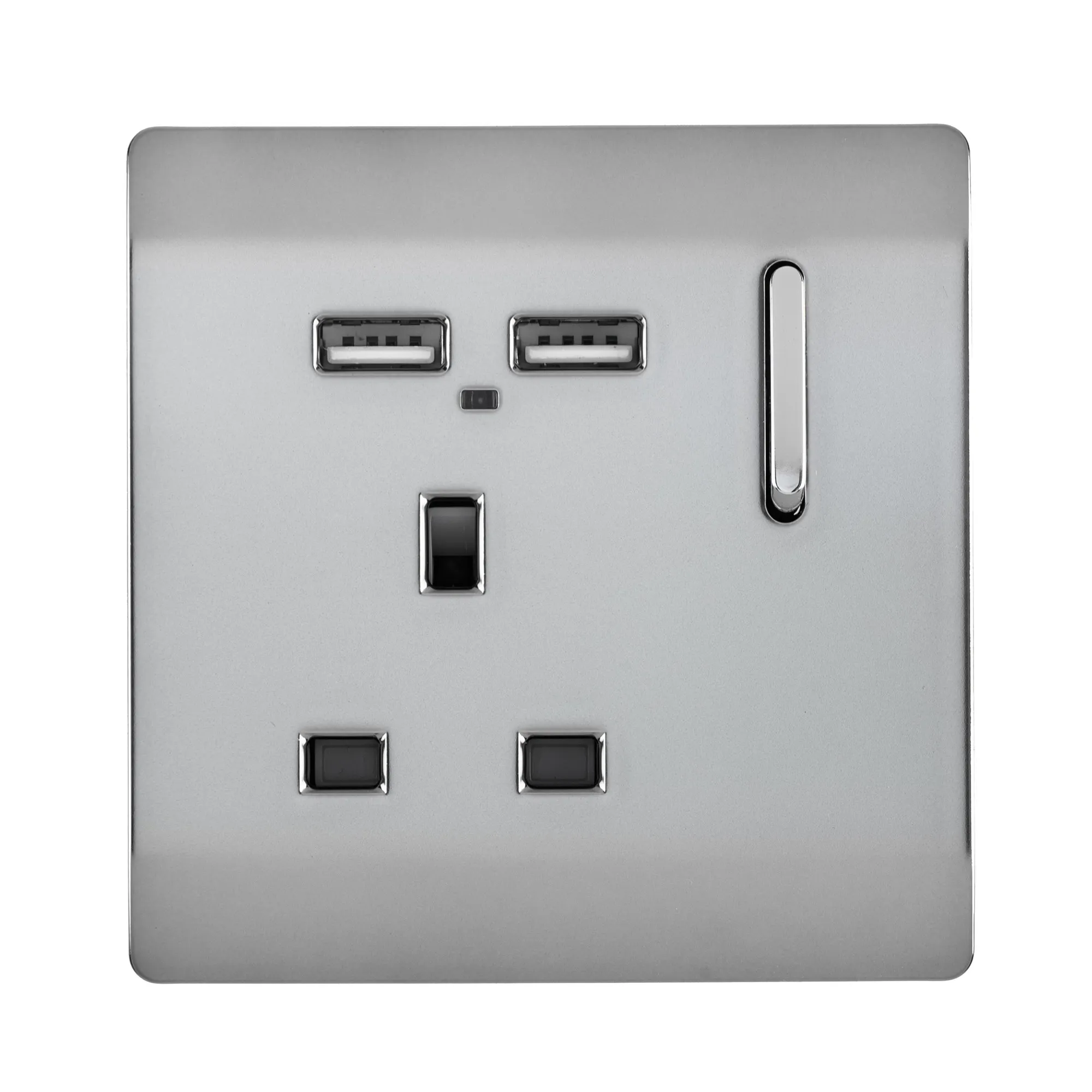 1 Gang 13Amp Switched Single Socket With 2 x USB Brushed Steel